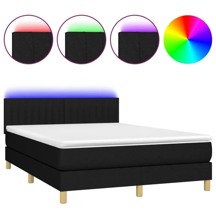 Cama box spring colchón y luces LED tela negro 140×200 cm Rayas verticales