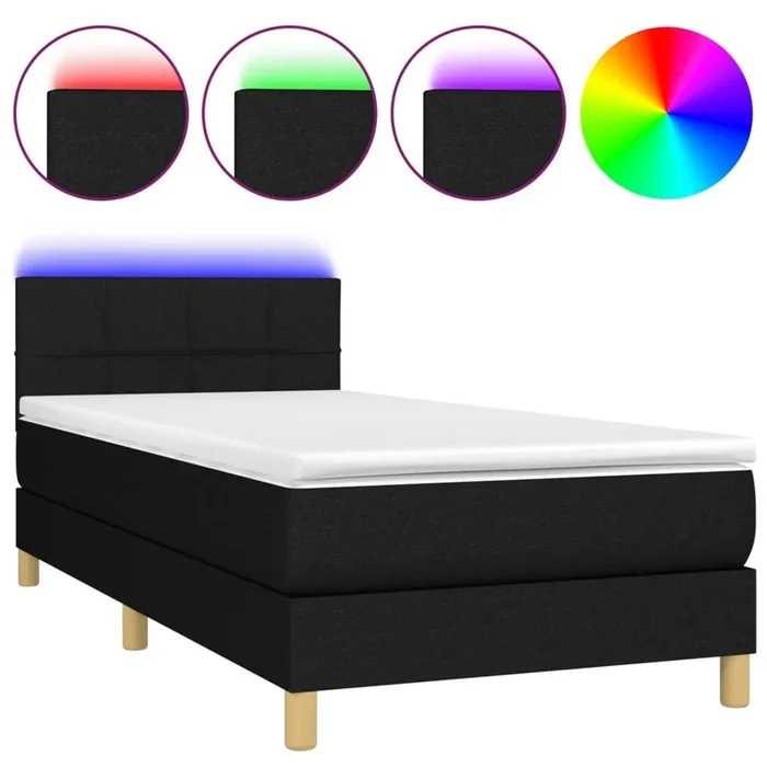 Cama box spring con colchón LED tela negro 80×200 cm Bloques con cuadros