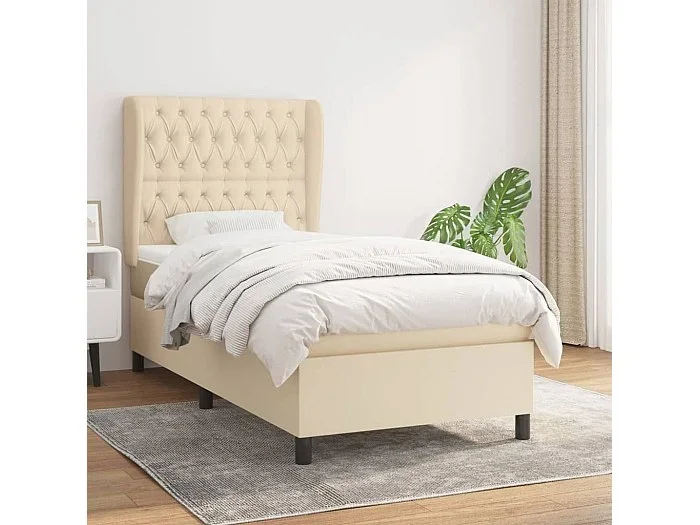 Cama box spring con colchón tela color crema 90×190 cm