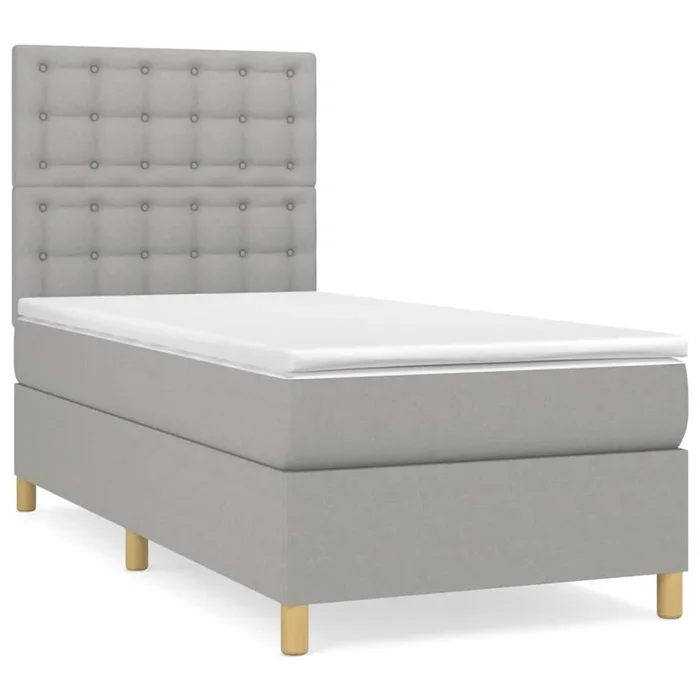 Cama box spring con colchón tela gris claro 90×190 cm Botones