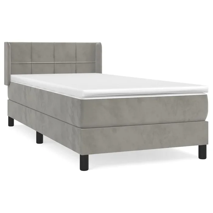 Cama box spring con colchón terciopelo gris claro 90×190 cm Bloques con cuadros