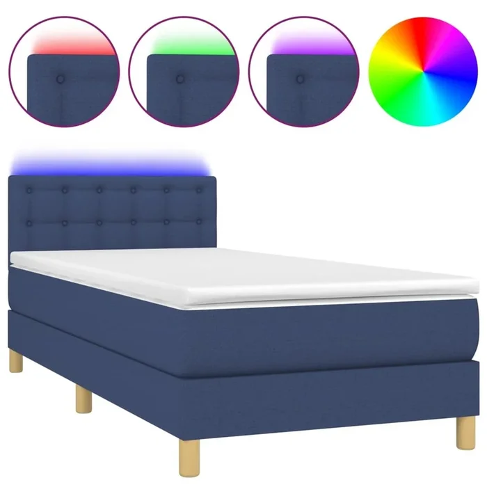 Cama box spring con colchón y LED tela azul 80×200 cm Botones