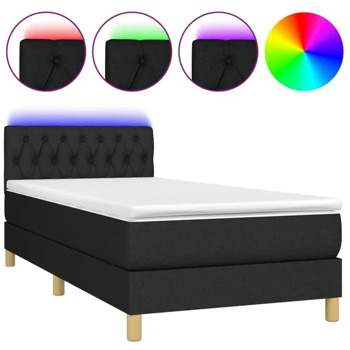 Cama box spring con colchón y LED tela negro 90×190 cm Diseño de botones