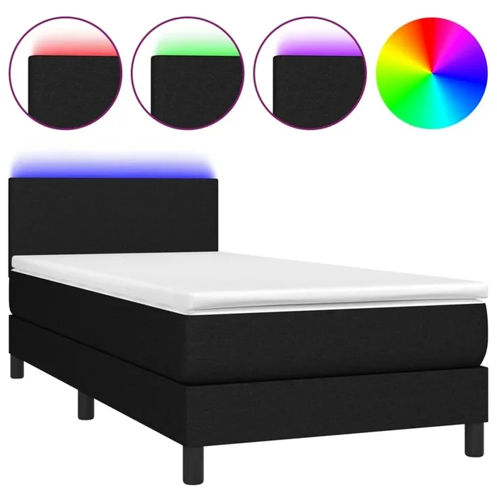 Cama box spring con colchón y LED tela negro 90×190 cm Diseño plano