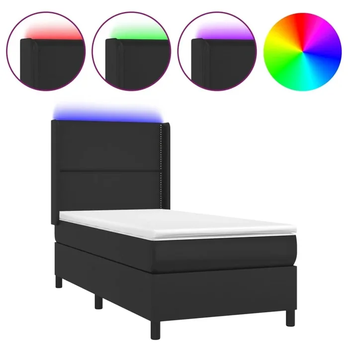 Cama box spring y colchón LED cuero sintético negro 90×190 cm Liso con clavos