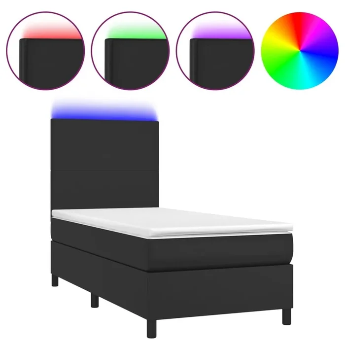 Cama box spring y colchón LED cuero sintético negro 90×200 cm Diseño plano