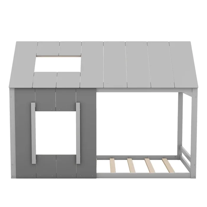 Cama-cabaña de madera de pino 90x200cm – cama infantil con techo y ventana y somier – Gris