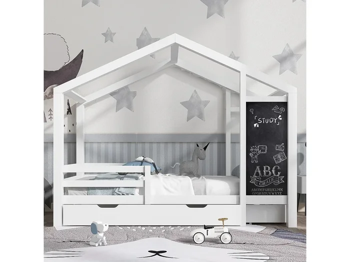Cama cabina con 2 cajones grandes – 90 x 200 cm – madera maciza – somier de láminas – blanco