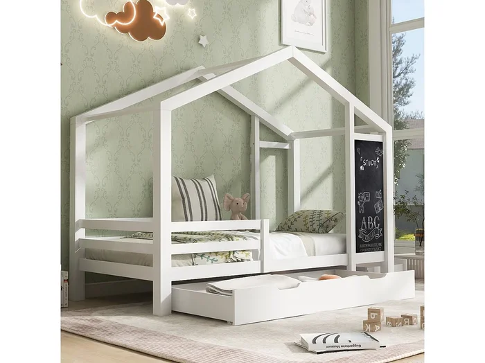 Cama casita infantil 90×200 cm con 2 cajones y barrera de protección, estructura de madera de pino, color blanco, sin colchón