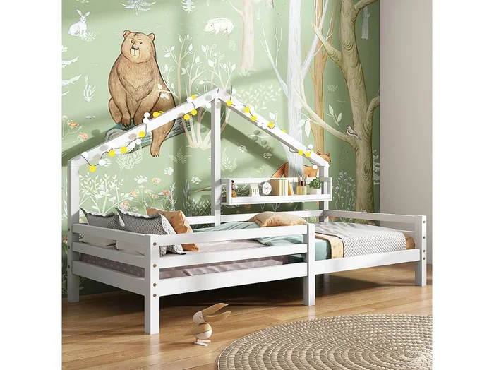 Cama casita infantil 90×200 cm con barrera anti-caída, madera de pino blanco, sin colchón