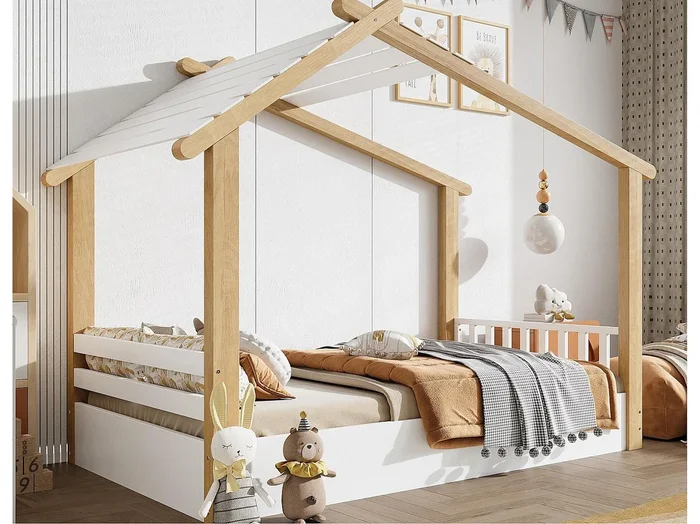 Cama casita infantil 90x200cm – con somier de láminas – diseño de cabaña de troncos – Madera maciza + MDF – Natural