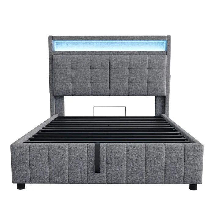 Cama con almacenaje acolchado de lino – 140×200 cm – con LED + toma USB + somier – Gris
