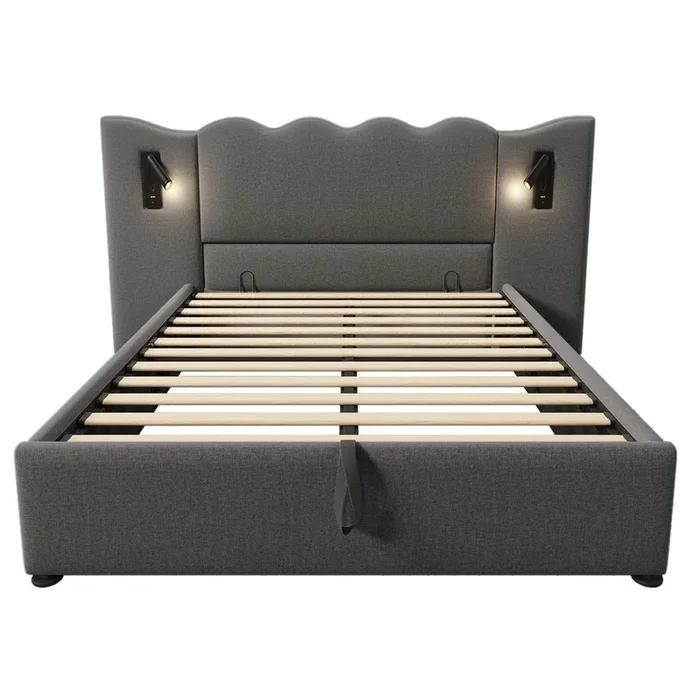Cama con almacenaje de lino 160×200 cm – con luz de lectura y función de carga – con somier – Gris