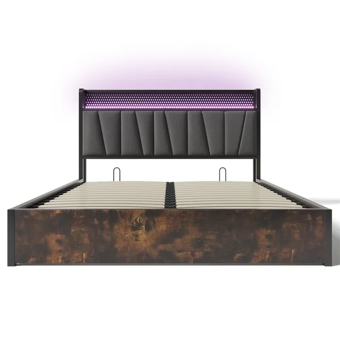 Cama con almacenaje de tela de lino de 140×200 cm – con LED, puertos de carga y somier – Gris