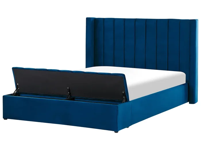 Cama con banco de almacenaje Terciopelo NOYERS 160 x 200 cm Azul marino