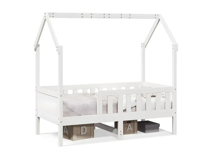 Cama con forma de casa para niños madera maciza blanco 70x140cm