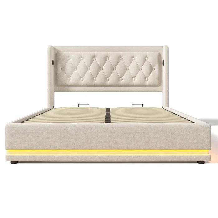 Cama contenedor acolchada 160 x 200 cm en tejido de algodón – con función de carga y LED a los pies de la cama – Beige