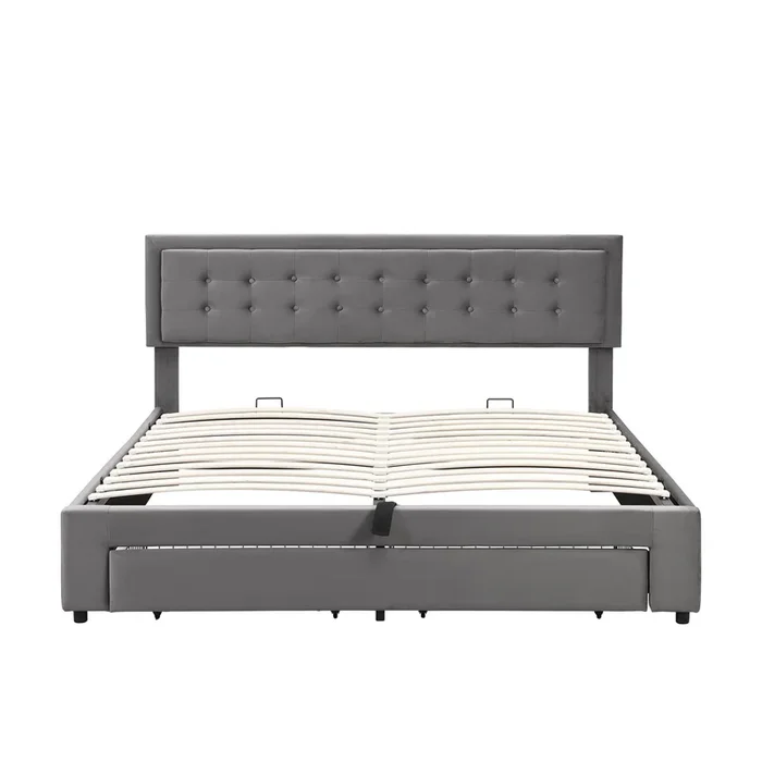 Cama contenedor acolchada 180x200cm en terciopelo – con cajón y somier – Gris (sin colchón)