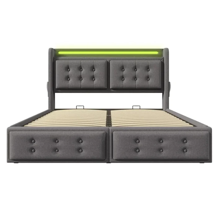 Cama contenedor de 160×200 cm en tela de lino – con LED y puertos de carga – Gris