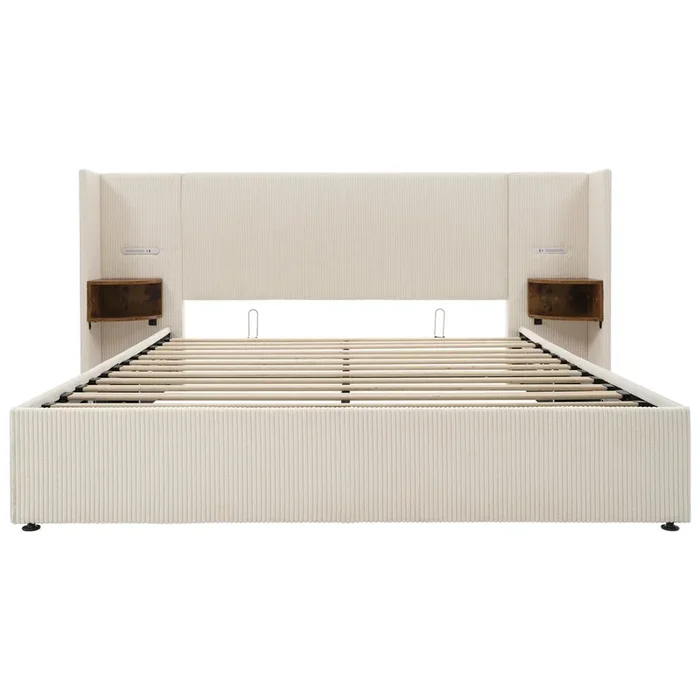 Cama contenedor de pana 160×200 cm – 2 mesitas de noche con luz de lectura y función de carga – con somier – Beige
