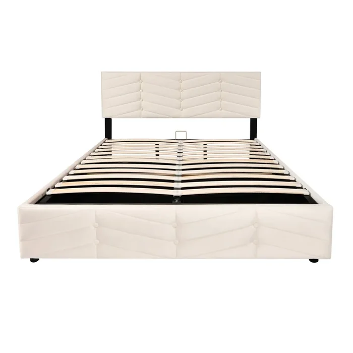 Cama contenedor de terciopelo con somier de láminas + cabecero ajustable – 140x200cm – Beige