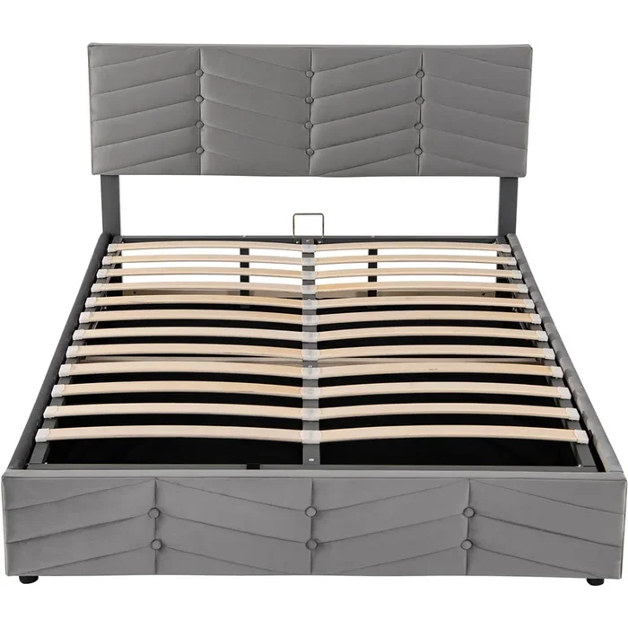 Cama contenedor de terciopelo con somier de láminas + cabecero ajustable – 140x200cm – Gris