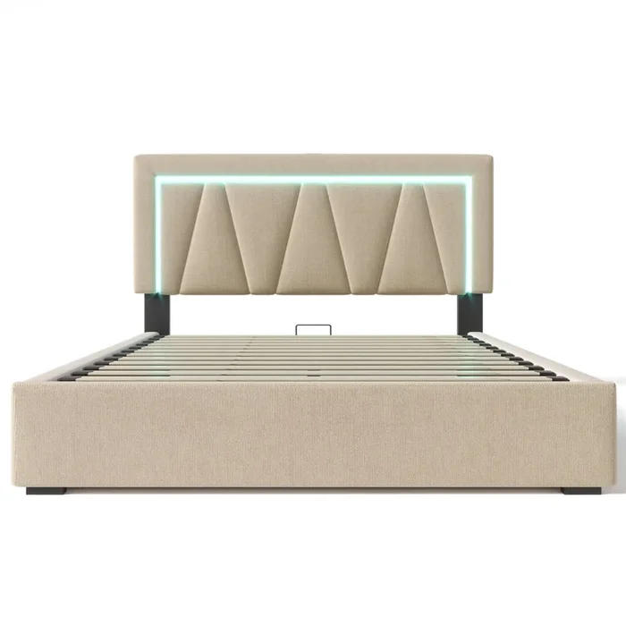 Cama contenedor tapizada 160x200cm con LED y puerto de carga USB y tipo C – Tela de lino – Somier de láminas – Beige