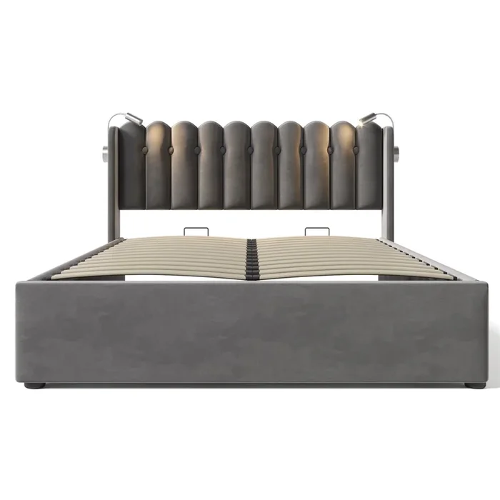 Cama contenedor tapizada con LED y puertos de carga USB – 160x200cm – tela de terciopelo – con somier – Gris