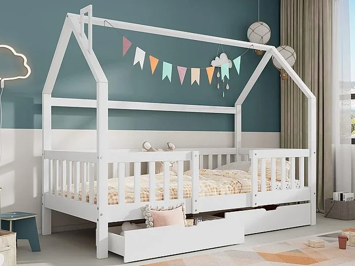 Cama de madera – 90×200 cm – con 2 cajones y somier de láminas – Blanco
