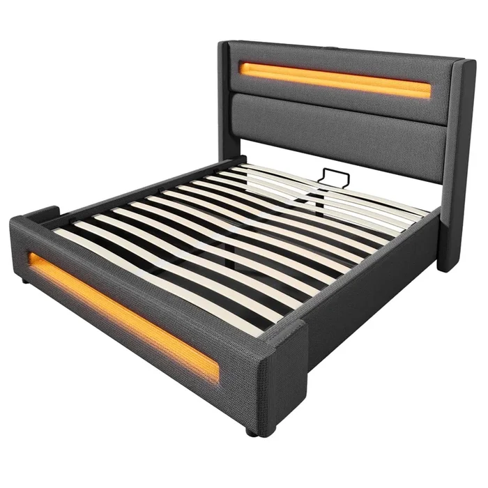 Cama doble 160×200 cm – Cama juvenil con LED, almacenamiento hidráulico y carga USB Type-C – Gris