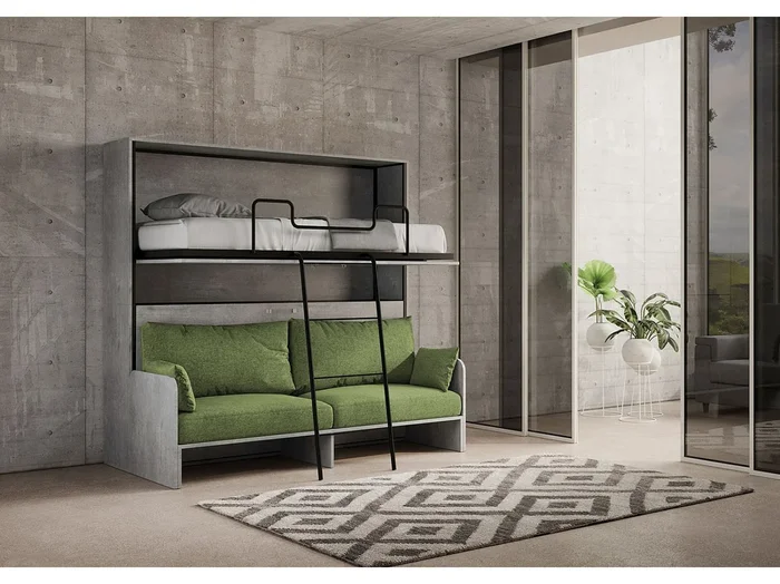Cama doble abatible Kando con sofá y colchones de cemento, color verde