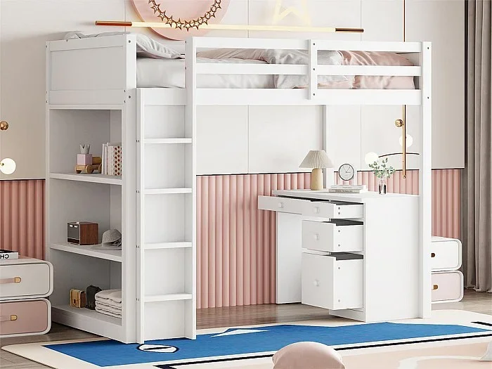 Cama entrepiso 90×200 cm – con mueble de almacenaje y escritorio – madera maciza – Blanco