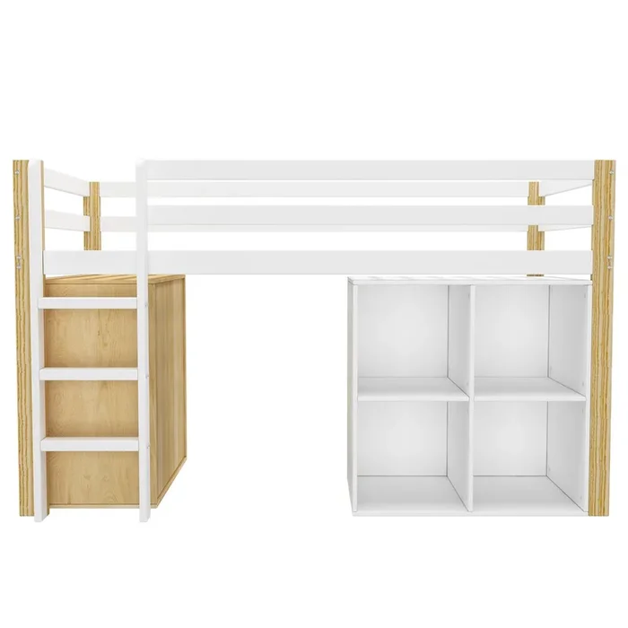 Cama entresuelo infantil 90×200 cm – con mueble de almacenaje y estantes – Blanco (sin colchón)