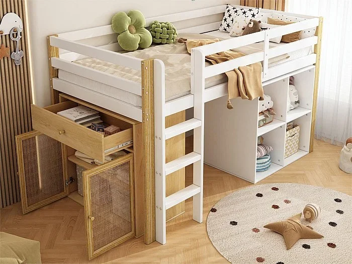 Cama entresuelo infantil 90×200 cm – con mueble de almacenaje y estantes – Blanco (sin colchón)