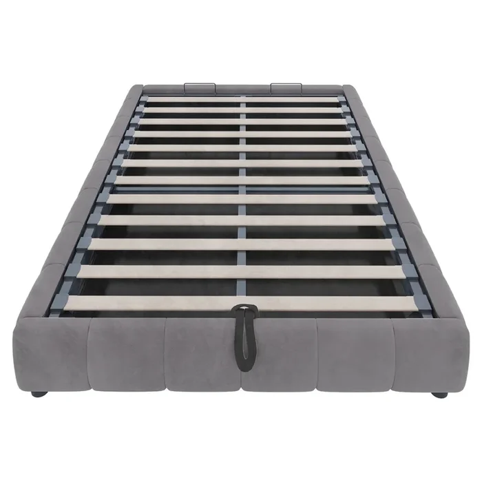 Cama individual 140×200 cm – Sin cabecera, con tira LED (unicolor), estructura de cama flotante hidráulica con almacenamiento – Gris