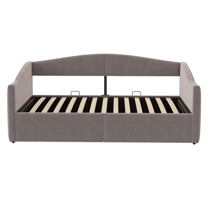Cama individual 90*200 cm – Con almacenamiento hidráulico, somier, reposabrazos, diseño a rayas, cama multifuncional, tejido de terciopelo, Gris