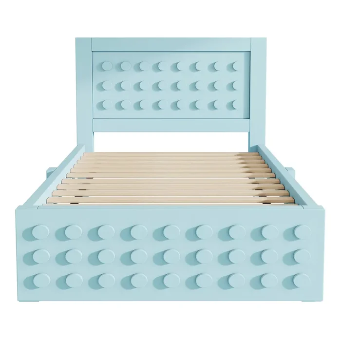 Cama individual 90×200 cm – Diseño creativo con bloques, Estructura de madera maciza con somier, con cajones y almacenamiento debajo – Azul