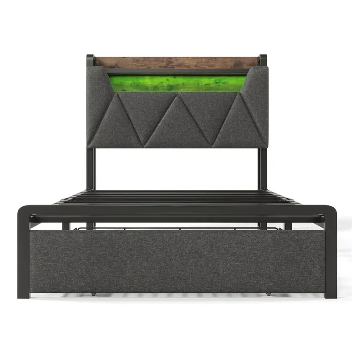 Cama individual 90x200cm – Cama con función de carga USB Tipo C, cabecero con almacenamiento, iluminación LED y cajones – Gris