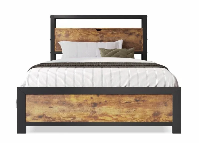 Cama individual industrial con cabecero con canapé, efecto madera nogal y negra, 90x200cm IKKIEL