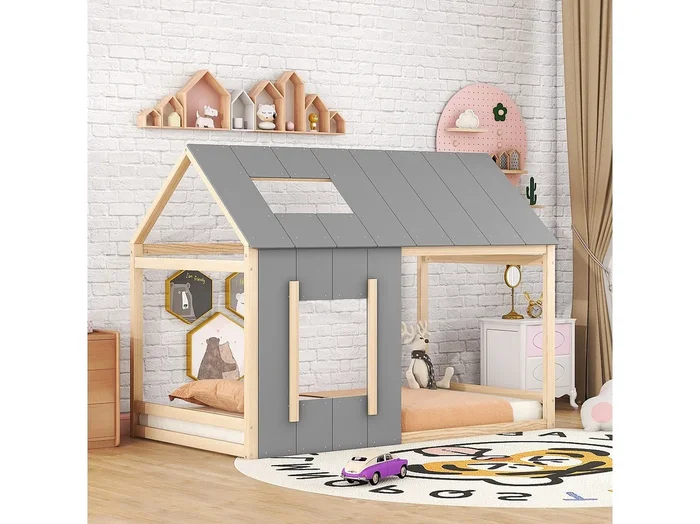 Cama infantil 90×200 cm con techo y ventana, somier de láminas de madera, natural y gris – sin colchón