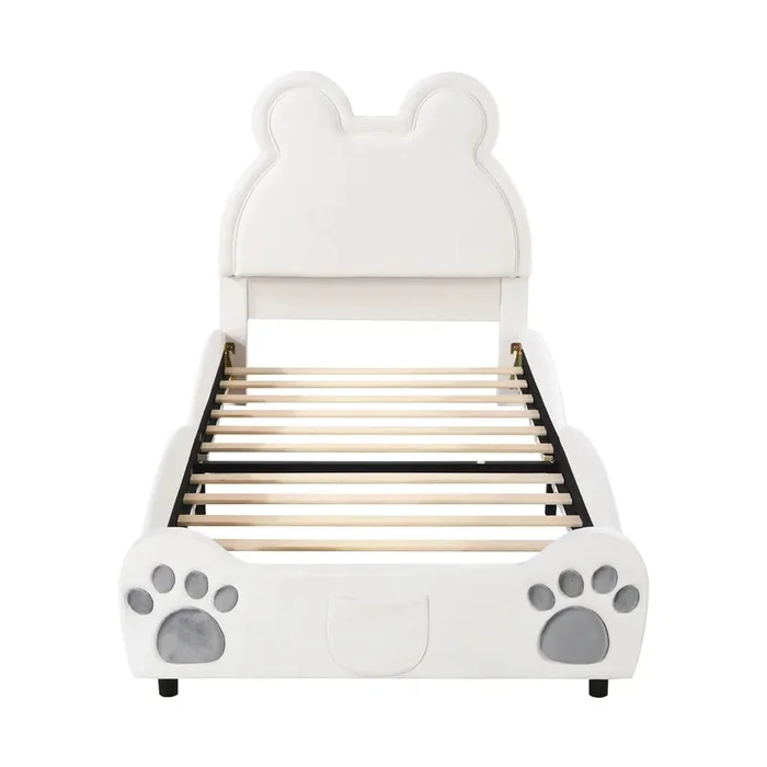 Cama infantil 90 x 200 cm – forma de oso – tejido de terciopelo – Blanco