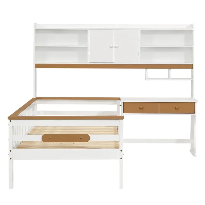 Cama infantil 90x200cm – con armario de almacenamiento, mesa y cajones, con protección y somier, estructura en L – Blanco+Natural