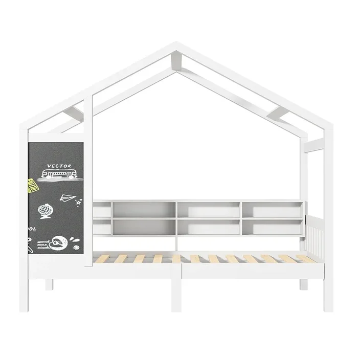 Cama infantil 90x200cm con protección anticaídas, cama-casita con somier de láminas y 2 cajones, cama de suelo de madera maciza con estantería, color blanco
