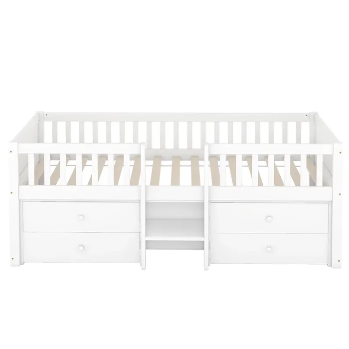 Cama infantil 90x200cm de madera maciza – con 4 cajones – Blanco (colchón no incluido)