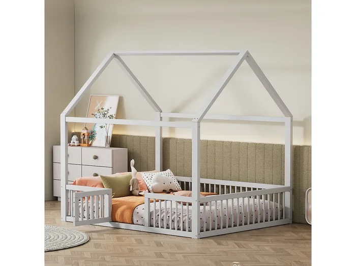 Cama infantil blanca de 140 x 200 cm con puerta de seguridad y láminas de somier, sin colchón