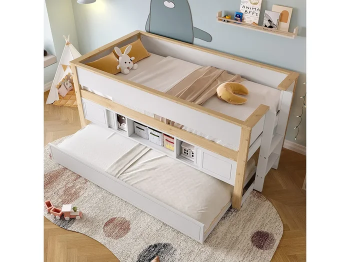 Cama infantil blanca y natural de 90×200 cm con cama nido de 90×190 cm y almacenaje, sin colchón