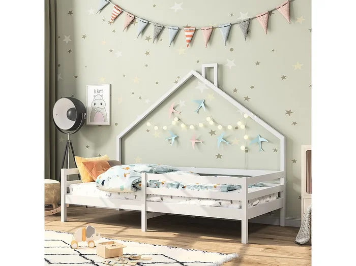 Cama infantil cabina 90x200cm en madera maciza con protección anticaídas y somier de láminas – Blanco