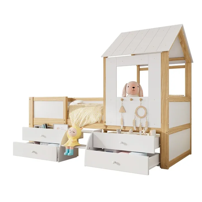 Cama infantil,cama cabaña,cama de media altura de madera de pino 90x200cm con 4 cajónes,blanco+natural