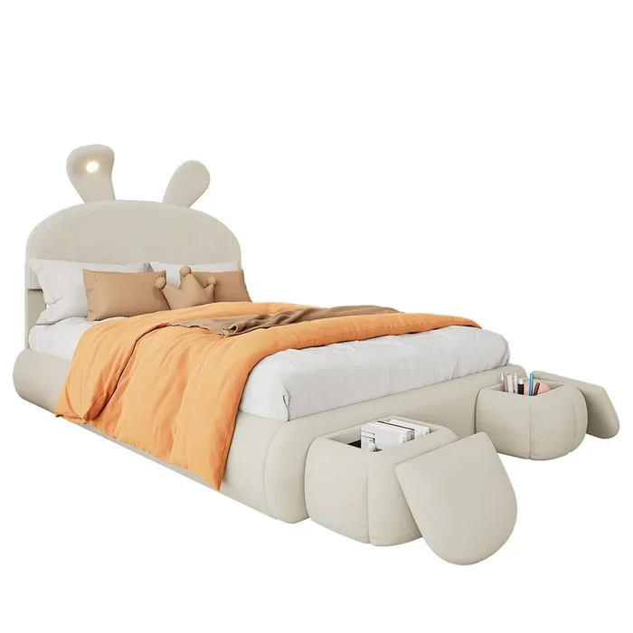 Cama infantil,cama de matrimonio de terciopelo 140x200cm con almacenaje y luz led,blanco