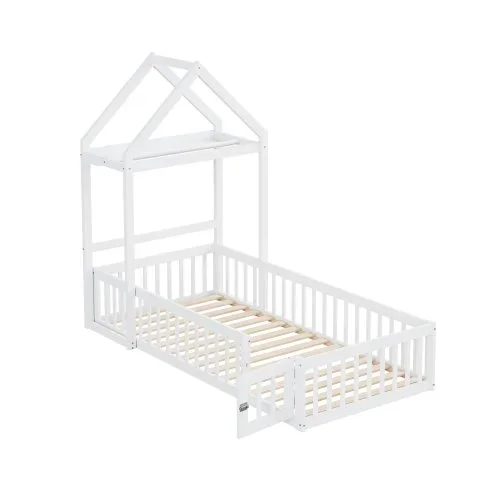 Cama infantil de 90 x 200 cm, estructura de madera maciza con espacio de almacenaje, puerta y reja de seguridad y somier de láminas, color blanco.